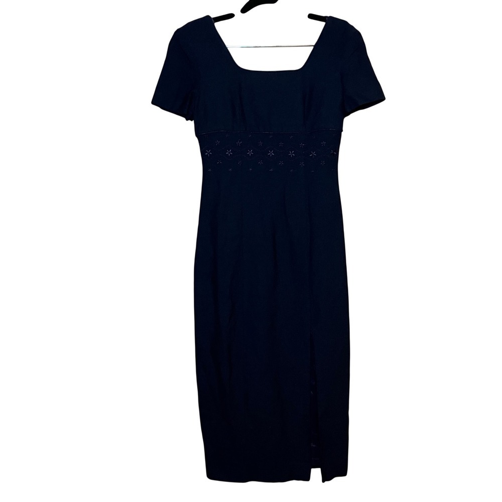 Donna Ricco Navy Blue Embroidered Waist Midi Dress Women's Size 4 Short Sleeve